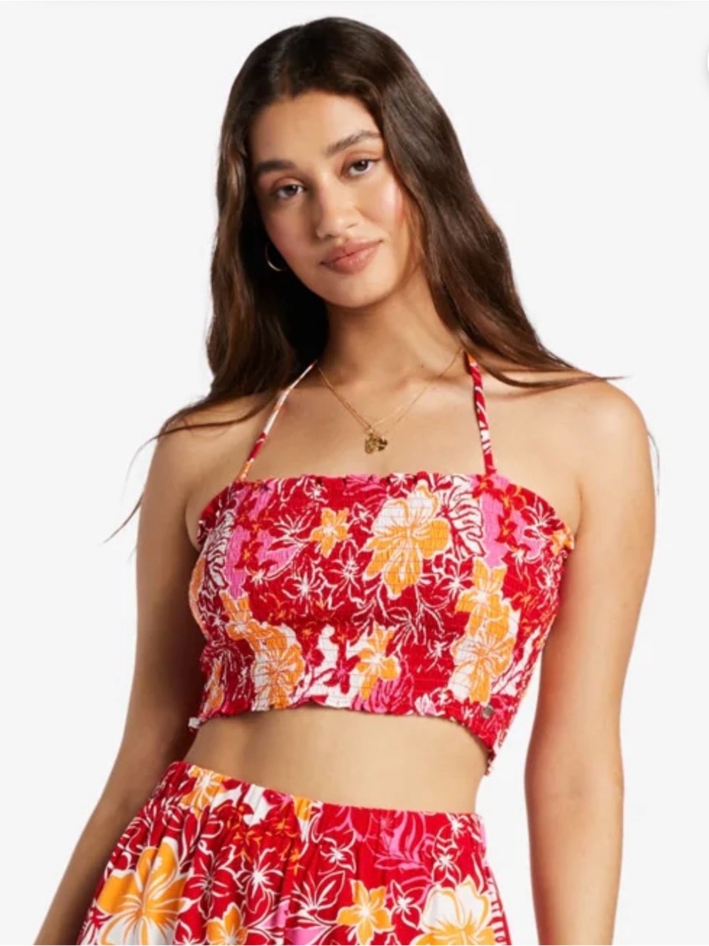 Roxy Red Floral Strapless Smocked Crop Top